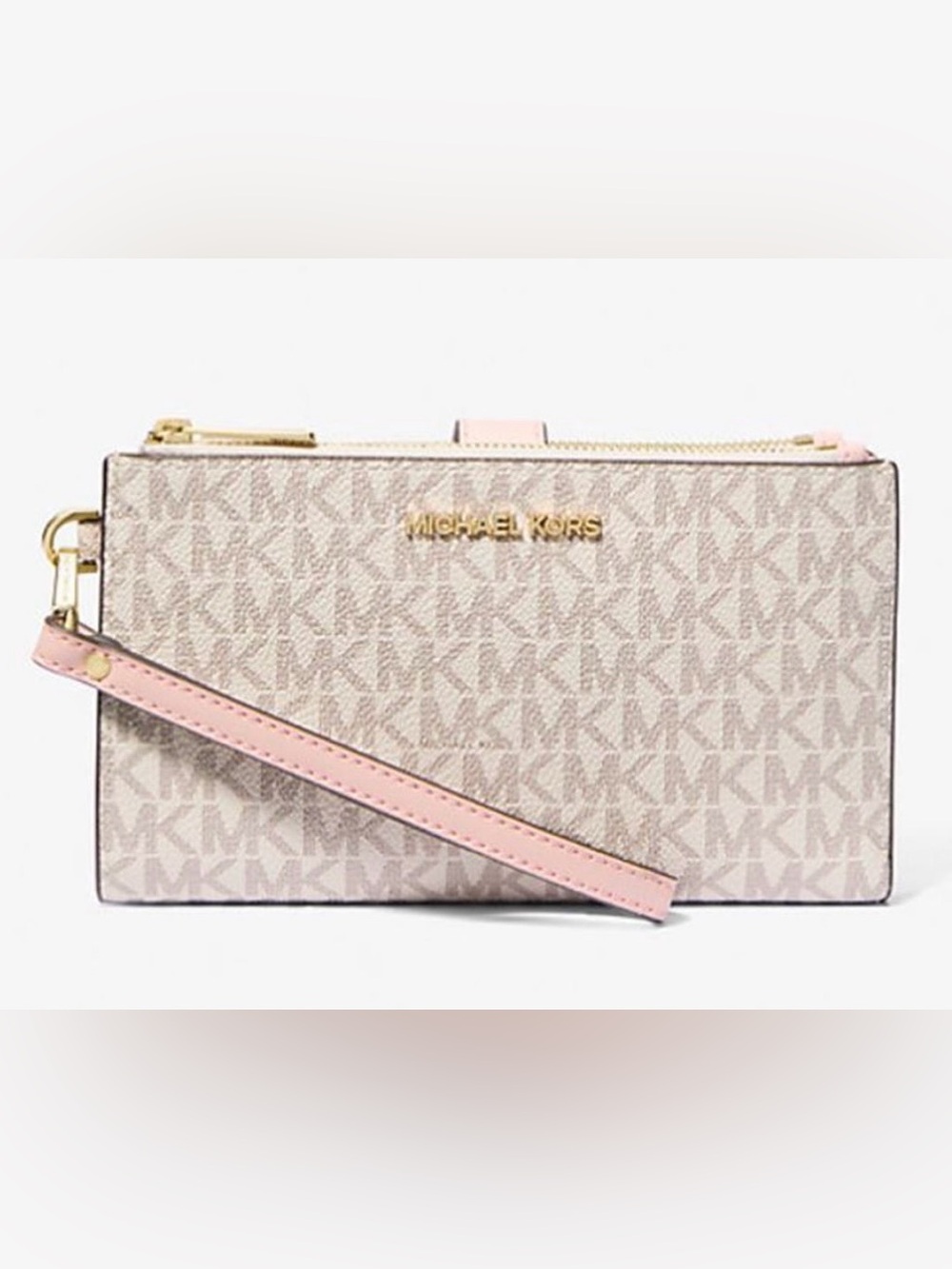 Michael Kors Jet Set Travel Leather Double Zip Wristlet Wallet in Vanilla/Blush